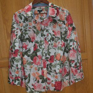 Talbots Plus Size Floral Button Down Blouse Shirt Cotton Convertible Sleeve 20WP